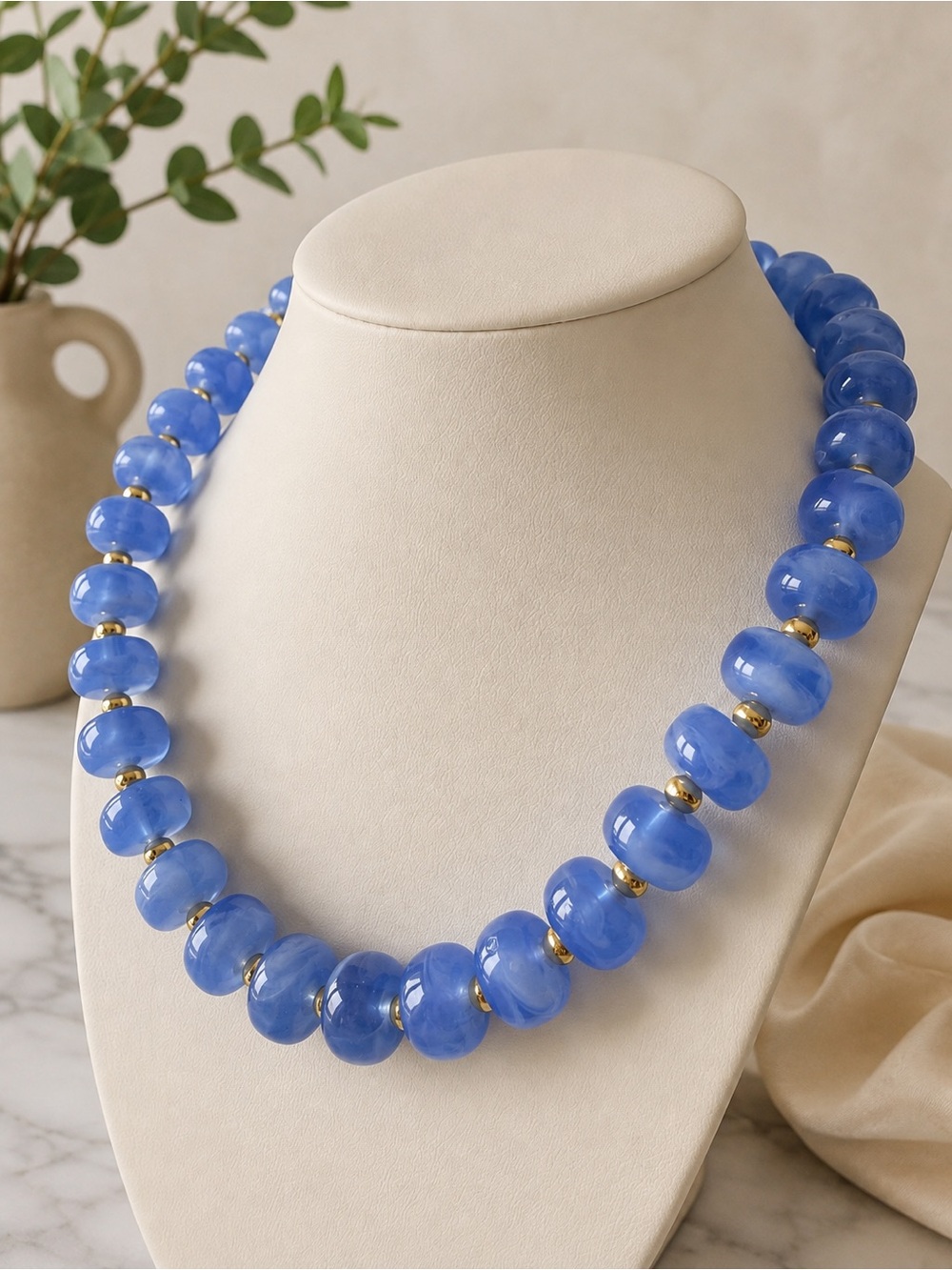 Chic Blue Bead Necklace with Gold Accent Spacers - Women Jewelry